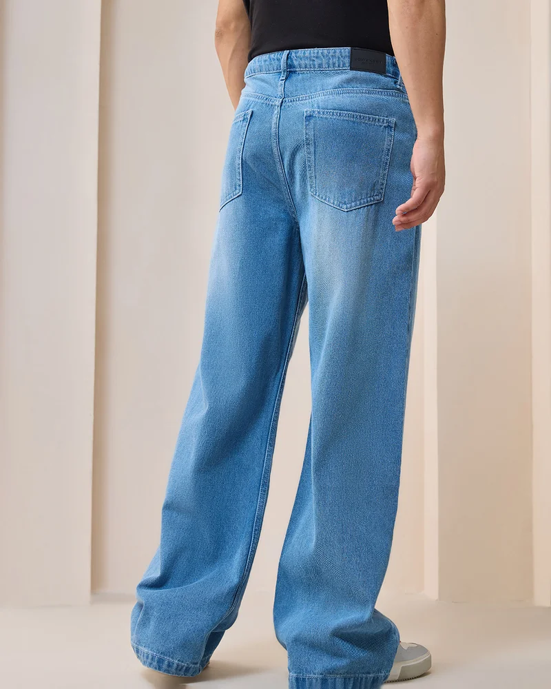 bewakoof  Men's Blue Washed Super Baggy Fit Mid-Rise Jeans for Men | Best Price UAE